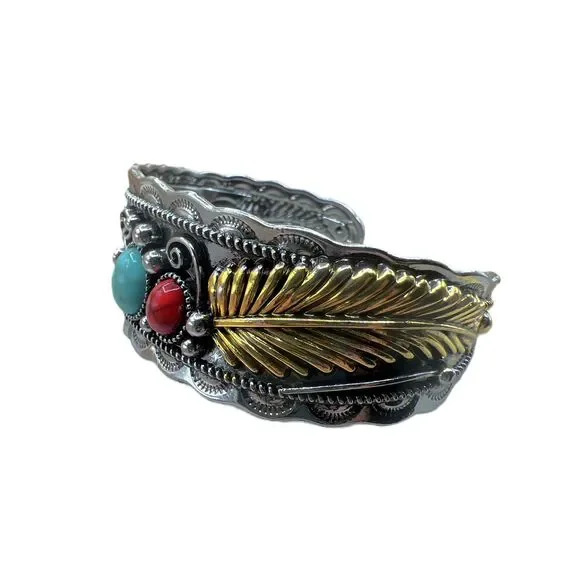 NEW Silver Gold Accents Faux Turquoise Stone Red Stone Boho Bracelet - Picture 7 of 11